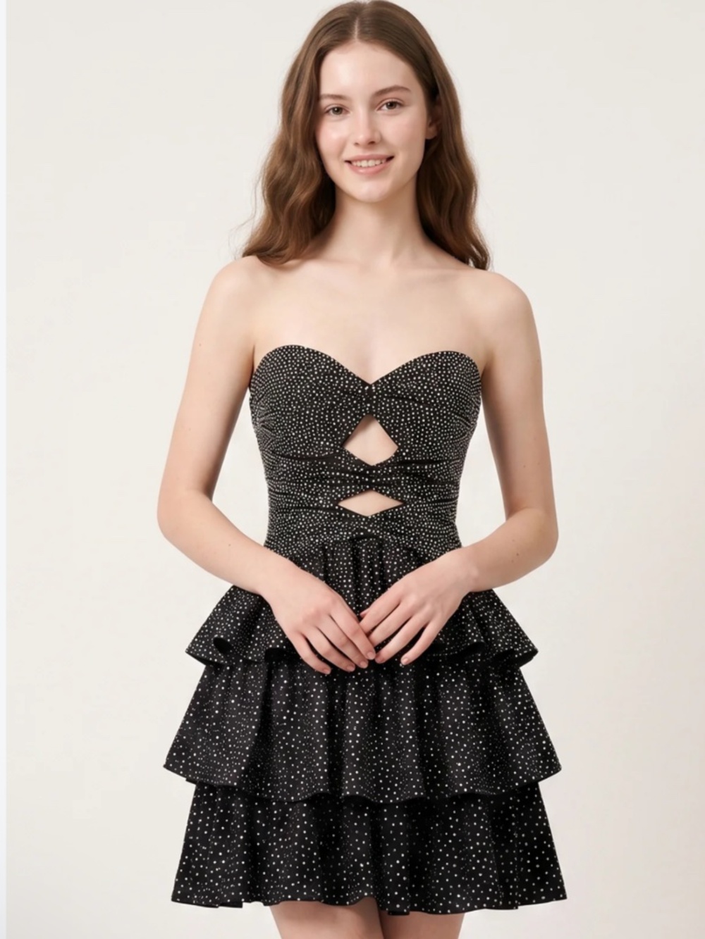 Black Rhinestone Tiered Ruffle Mini Dress – Size 10 (L)